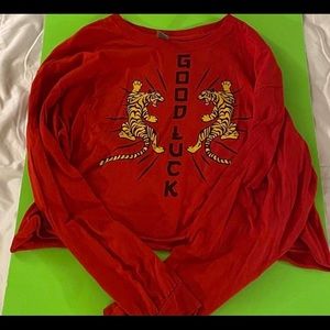 Women’s Fiery Red Tiger Print Fight “Good Luck” Long Sleeve Tee